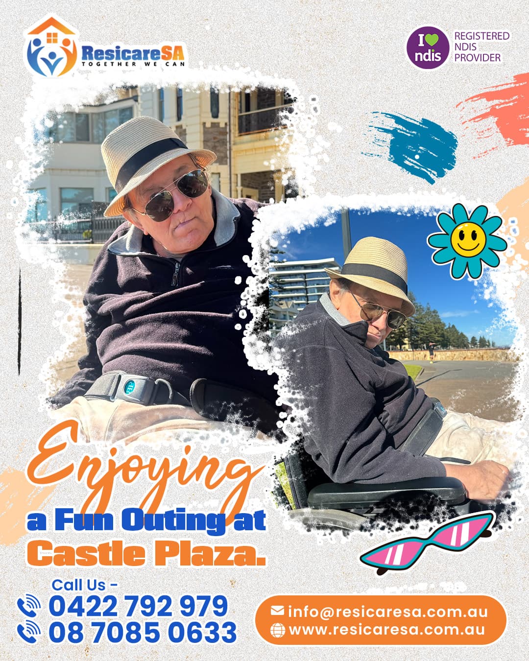 A participant enjoys an outdoor community outing at Castle Plaza, relaxing in the sunshine while wearing a hat and sunglasses.