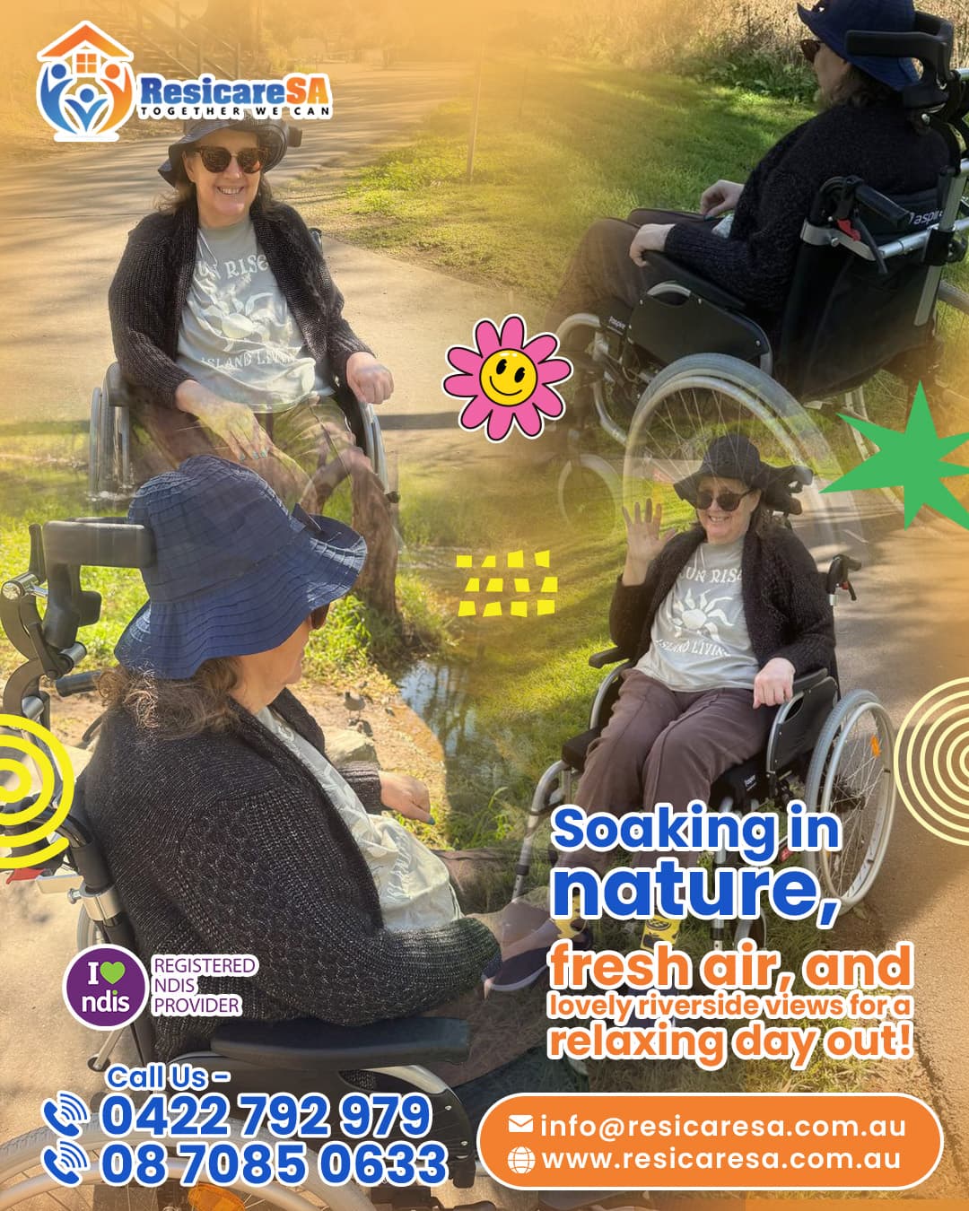 A participant enjoying an accessible outdoor outing beside the river, surrounded by nature and sunshine.