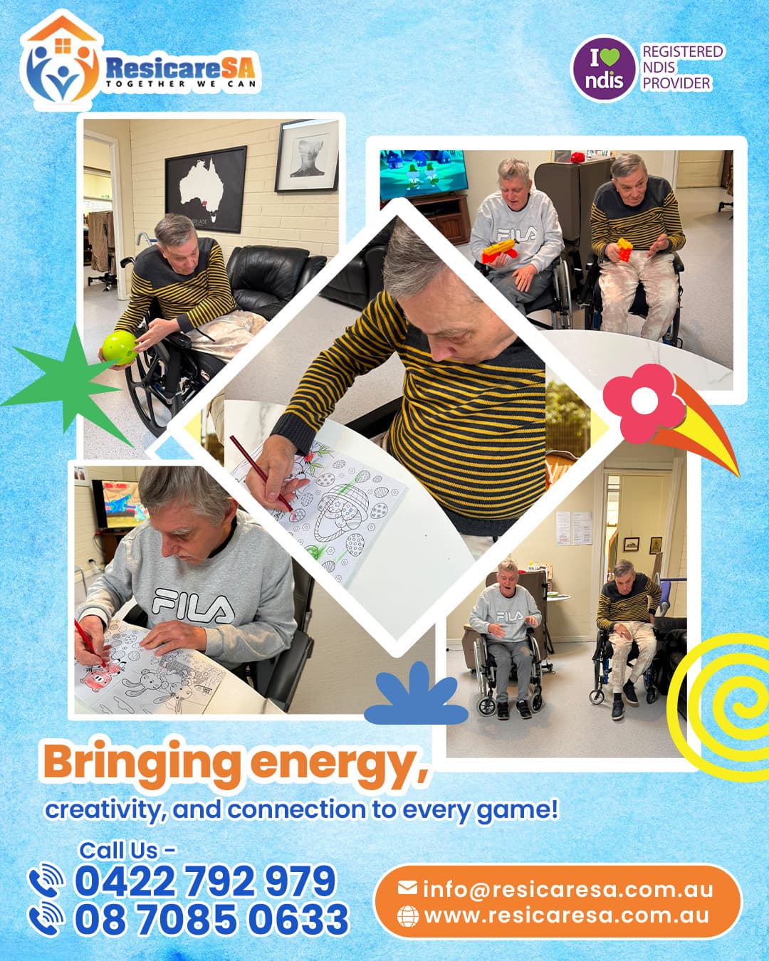 Participants enjoying a mix of creative activities and recreational games together, including colouring and interactive play.