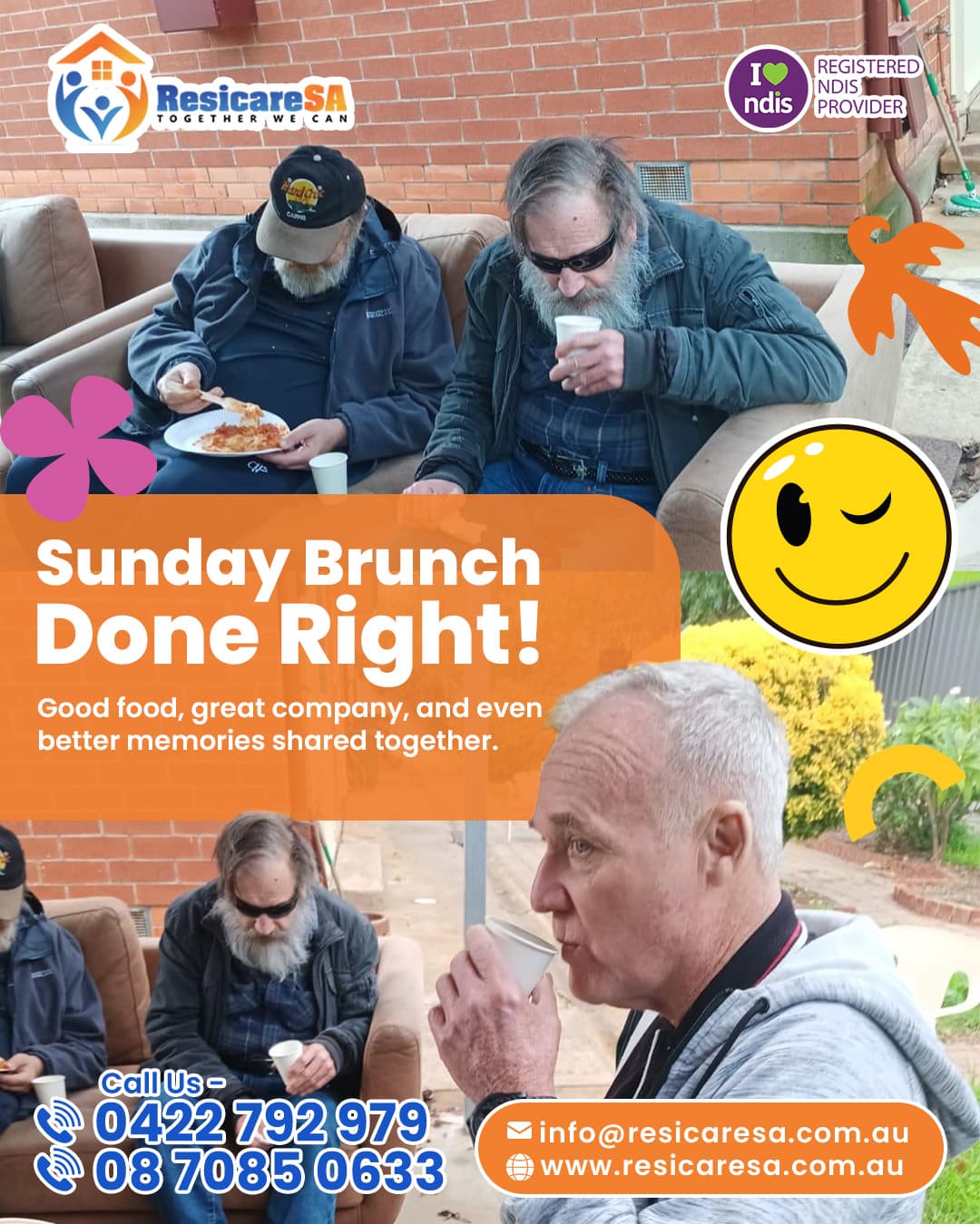 Participants enjoy a casual outdoor Sunday brunch together, sharing food, drinks and company in a relaxed setting.