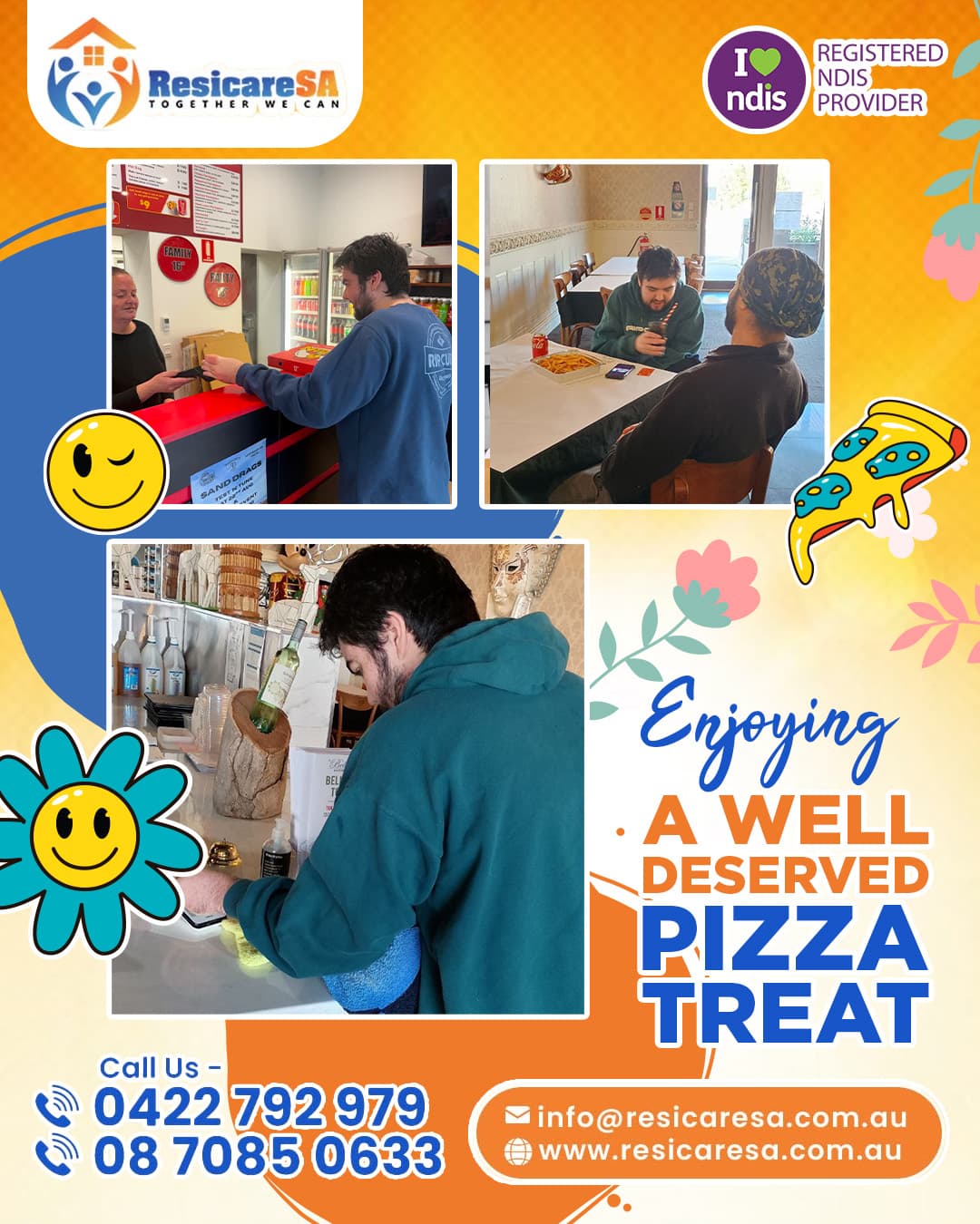 A participant independently engaging with staff while ordering and enjoying a pizza meal during a community outing.