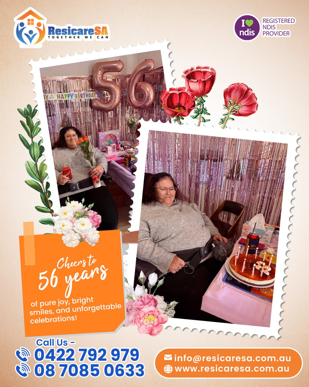 ResicareSA participant celebrating her 56th birthday with flowers, gifts and a birthday cake.
