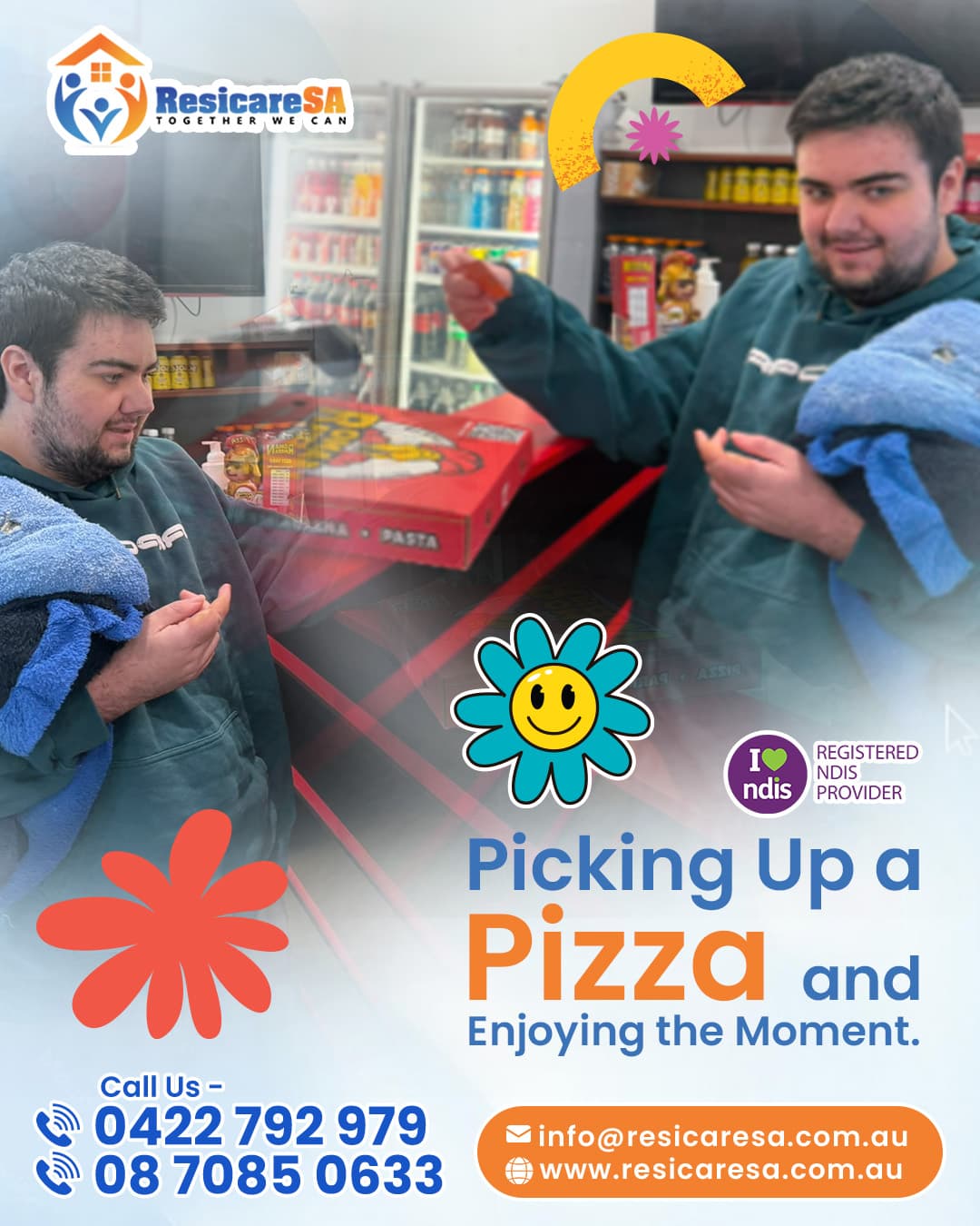 A participant visits a local food venue to pick up pizza, enjoying an everyday community activity.