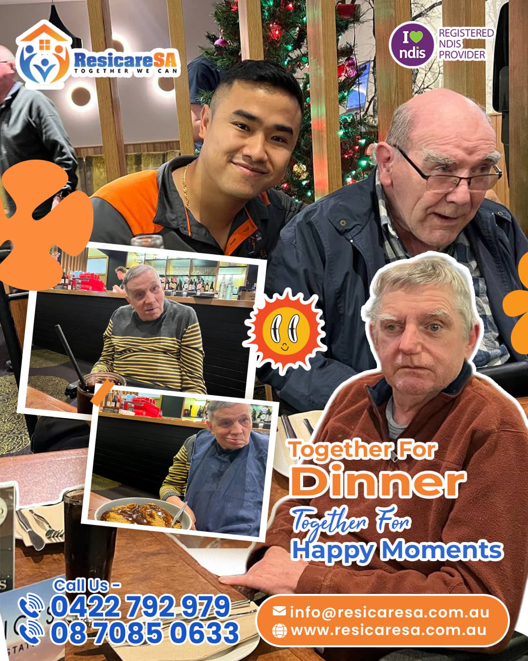Participants and a support worker enjoying dinner together in a relaxed social setting.
