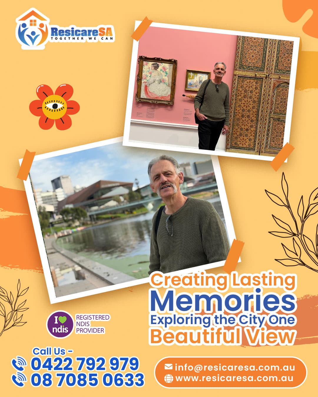 A participant enjoys a city outing, visiting an art gallery and spending time near Adelaide’s Riverbank precinct.