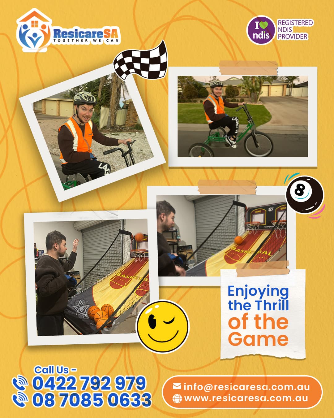 A participant enjoys recreational activities including riding an adaptive cycle and playing an arcade-style basketball game.