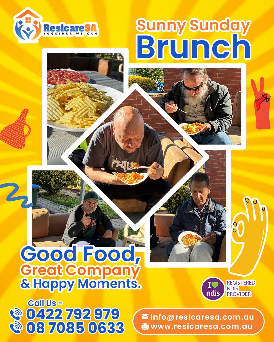 A group enjoys a relaxed outdoor Sunday brunch together, sharing food and conversation in the sunshine.