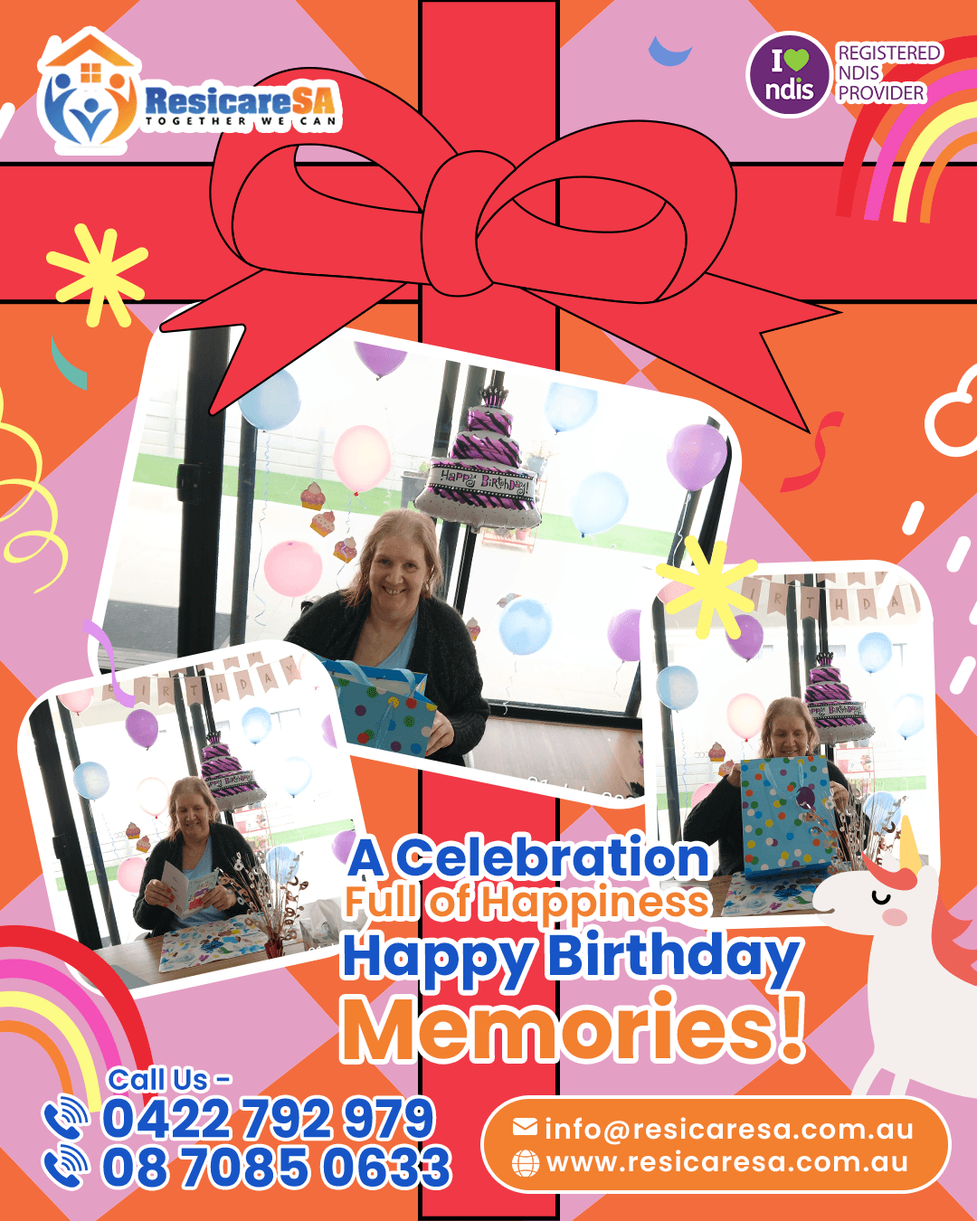 A participant celebrates her birthday surrounded by balloons, decorations, cake and gifts, creating a colourful and joyful celebration.