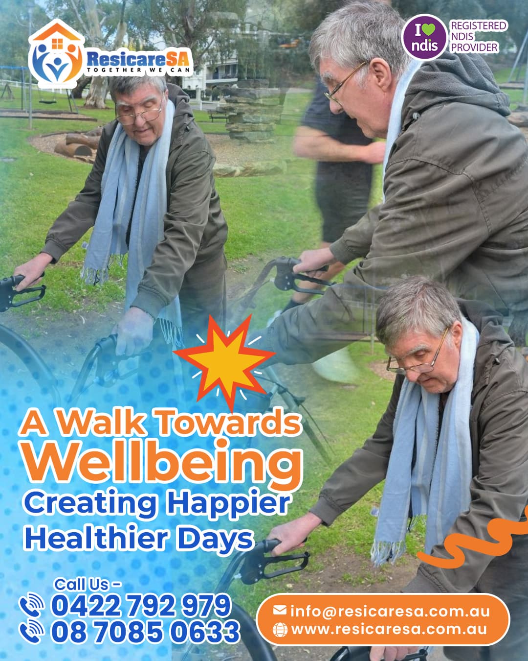 A participant using a mobility aid while enjoying an outdoor walk through a green community space.